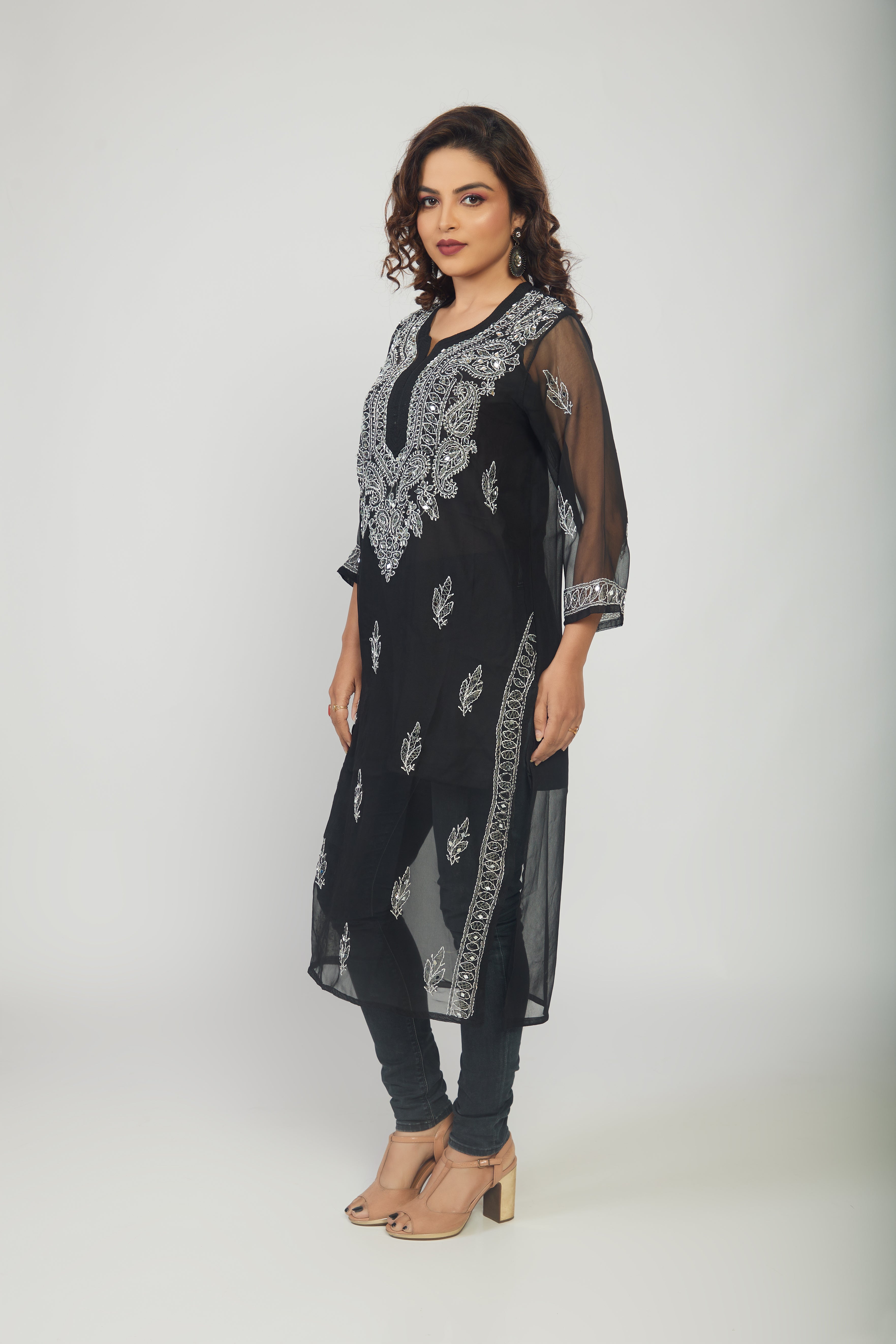 Ada Hand Embroidered Black Georgette Lucknow Chikan Kurti With slip - Ada -  3693906